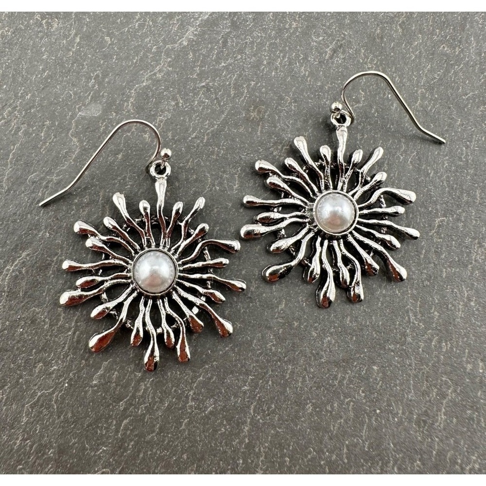 Starburst Earrings Silver Tone & Faux Pearl NEW